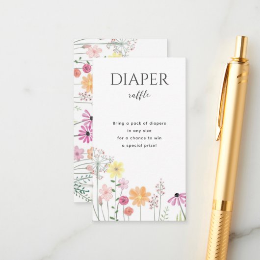 シンプルワイルドフラワーガールズベビーシャワーおむつラッフル エンクロージャーカード (正面/裏面インサイチュ)