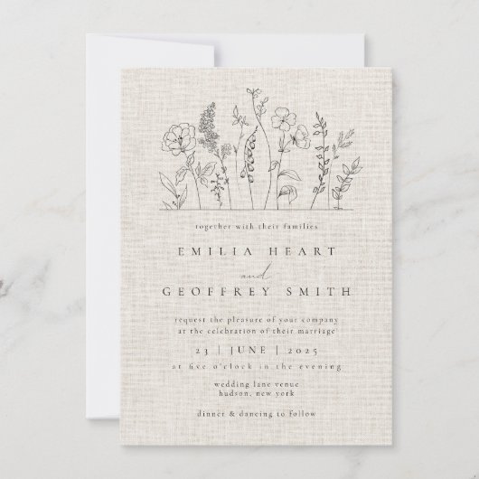 シンプルワイルドフラワーズガーデンミニマル結婚リストアート 招待状 (正面)