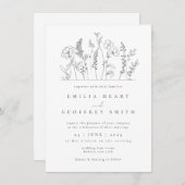 シンプルワイルドフラワーズガーデン結婚ラインアート 招待状 (正面/裏面)