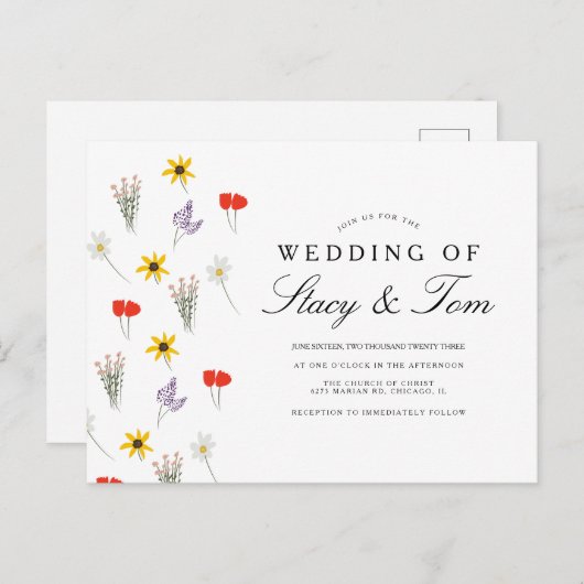 シンプルワイルドフラワーズハンドドロー結婚式招待状 ポストカード (正面/裏面)