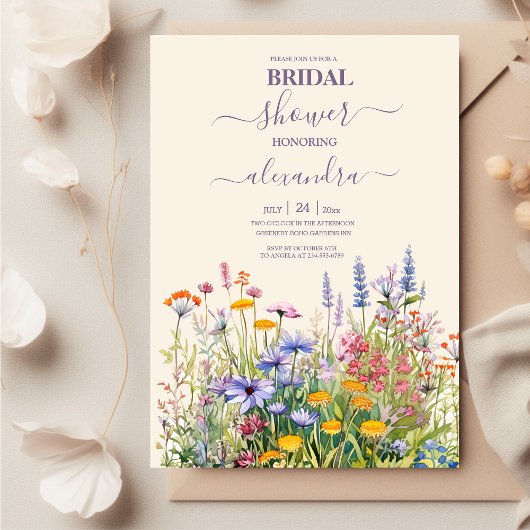 シンプルワイルドフラワーズボタニカルガーデンブライダルシャワー 招待状