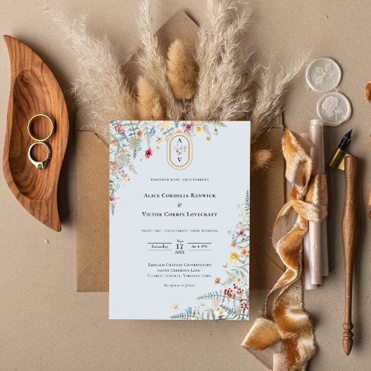 シンプルワイルドフラワーファーンダスティブルーズ結婚モノグラム 招待状