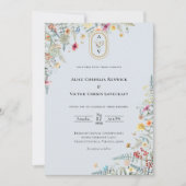シンプルワイルドフラワーファーンダスティブルーズ結婚モノグラム 招待状 (正面)