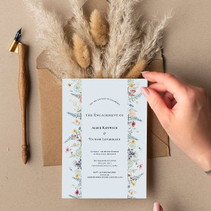 シンプルワイルドフラワーファーンダスティーブルー婚約パーティ 招待状
