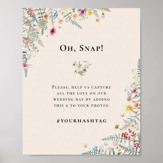 シンプルワイルドフラワーファーンベージュ結婚のハッシュタグ ポスター (正面)