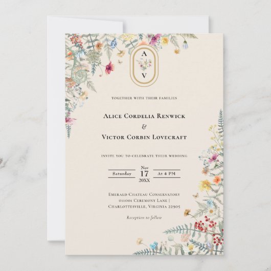 シンプルワイルドフラワーファーンベージュ結婚ズモノグラム 招待状 (正面)