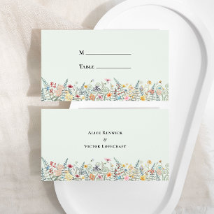 シンプルワイルドフラワーファーンミントグリーン結婚ズフラット プレイスカード