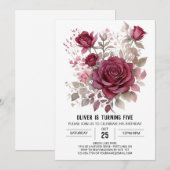 シンプルワイルドフラワーブルゴーニュフローラ誕生日 招待状 (正面/裏面)