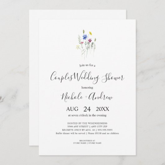 シンプルワイルドフラワーブーケカップルウェディングシャワー 招待状 (正面/裏面)