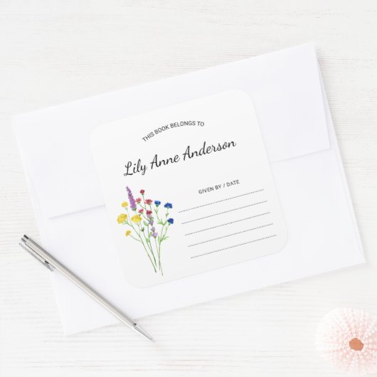 シンプルワイルドフラワーベイビーシャワー蔵書票シール スクエアシール (封筒)