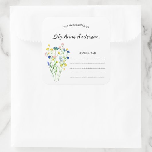 シンプルワイルドフラワーベイビーシャワー蔵書票シール スクエアシール (バッグ)