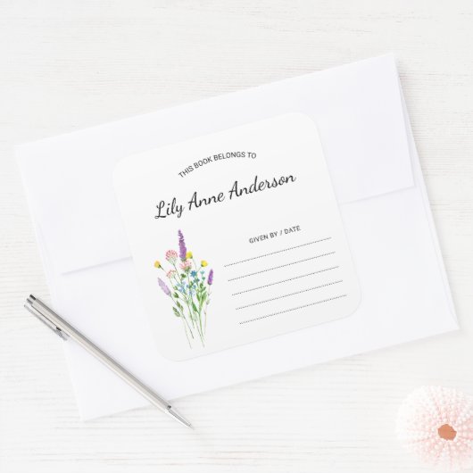 シンプルワイルドフラワーベイビーシャワー蔵書票シール スクエアシール (封筒)
