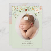 シンプルワイルドフラワーミント写真誕生のお知らせ 招待状 (正面/裏面)