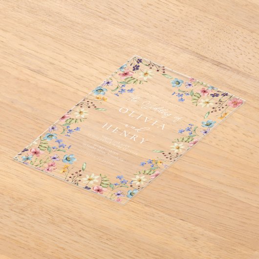 シンプルワイルドフラワーモダン素朴庭園の結婚式 アクリル招待状 (レイダウン)