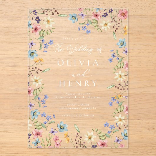 シンプルワイルドフラワーモダン素朴庭園の結婚式 アクリル招待状 (正面)