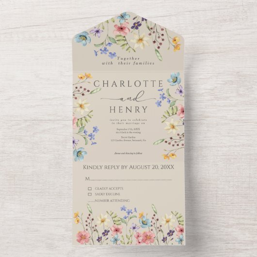 シンプルワイルドフラワー庭園の結婚式 オールインワン招待状 (内側)