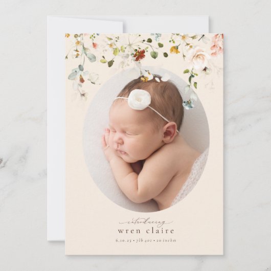 シンプルワイルドフラワー楕円形の写真誕生のお知らせ 招待状 (正面)