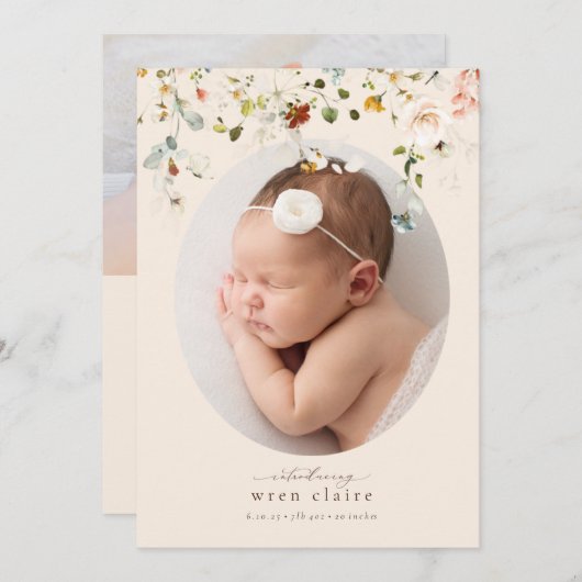 シンプルワイルドフラワー楕円形の写真誕生のお知らせ 招待状 (正面/裏面)