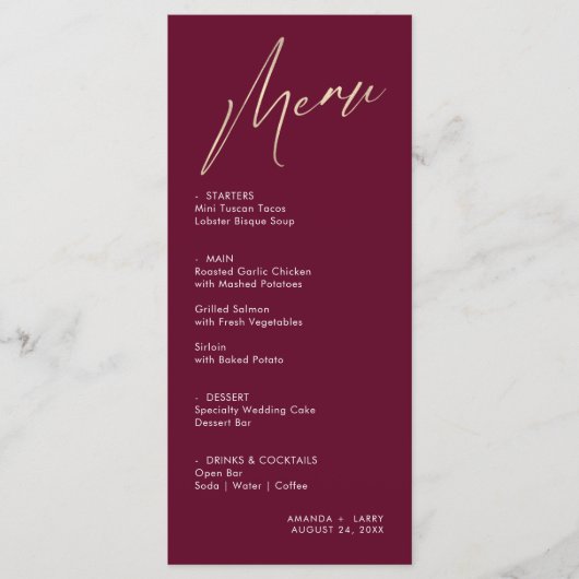 シンプルワインモダンと金ゴールドのメ結婚ニュー・カード メニュー (正面)