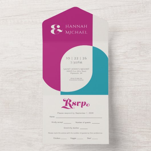 シンプルヴィンテージはっきりしたマゼンタ オールインワン招待状 (内側)