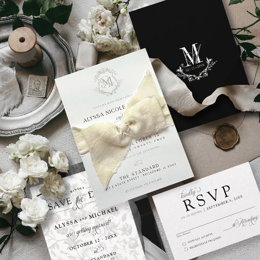シンプルヴィンテージブラック&ホワイトクレストエレガントな結婚式 招待状