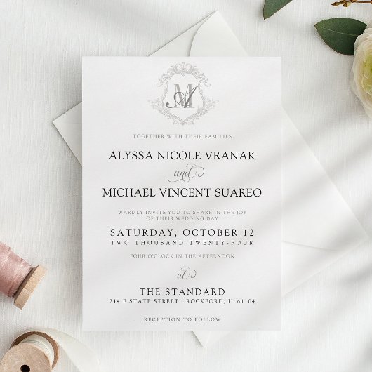 シンプルヴィンテージブラック&ホワイトクレストエレガントな結婚式 招待状