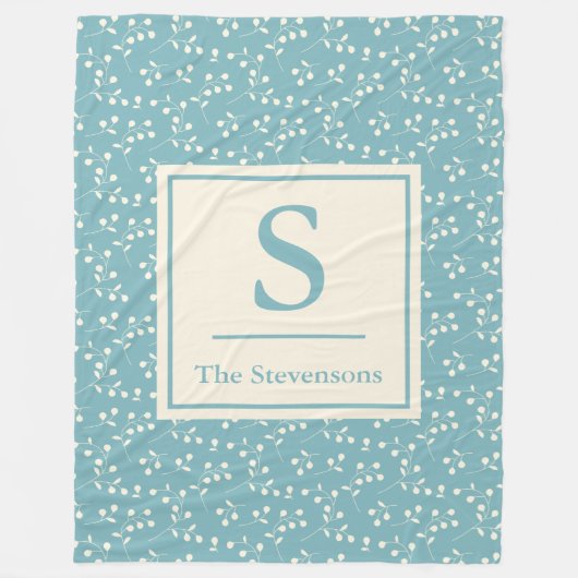 シンプルヴィンテージブルーフローラルパターンモノグラム名 フリースブランケット (正面)