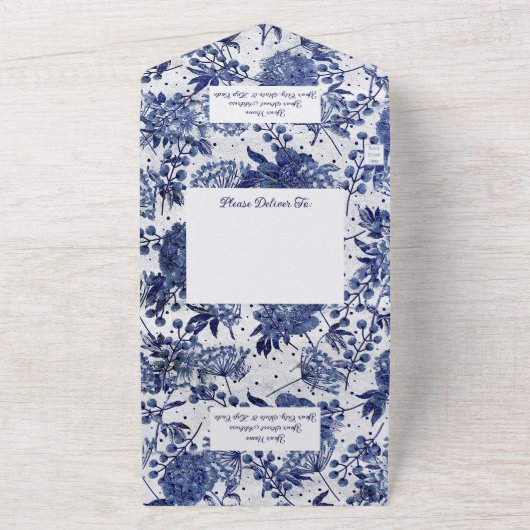 シンプルヴィンテージブルーフローラQRコード オールインワン招待状 (外側)