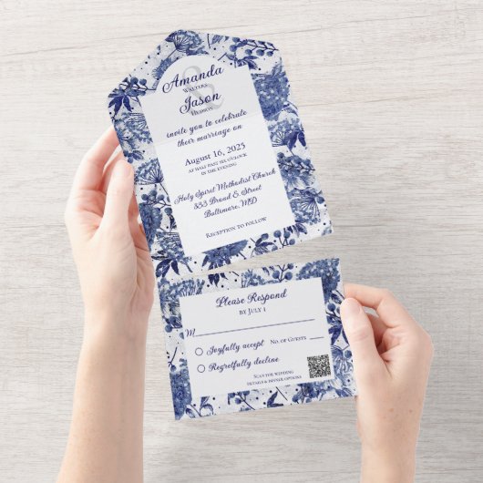 シンプルヴィンテージブルーフローラQRコード オールインワン招待状 (貼ってはがせる)