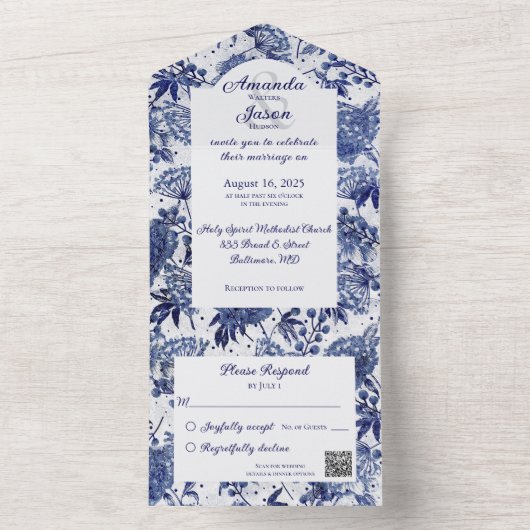 シンプルヴィンテージブルーフローラQRコード オールインワン招待状 (内側)