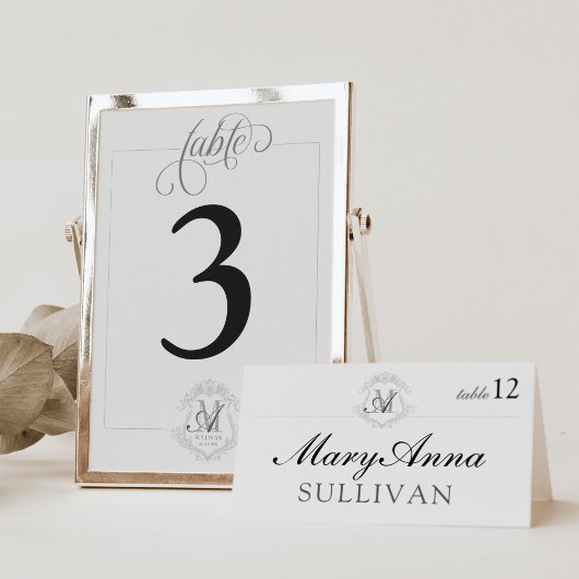 シンプルヴィンテージモノグラム結婚クレストのテーブル番号 招待状