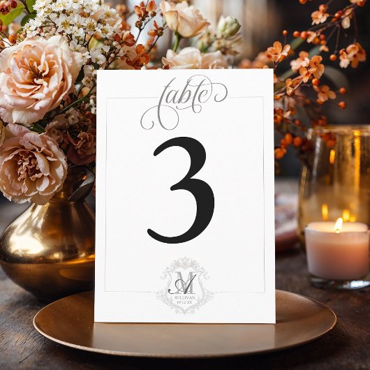 シンプルヴィンテージモノグラム結婚クレストのテーブル番号 招待状