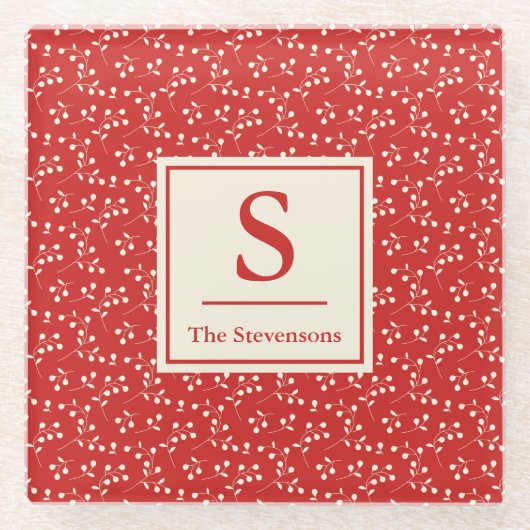 シンプルヴィンテージ赤植物模様モノグラム名 ガラスコースター (正面)