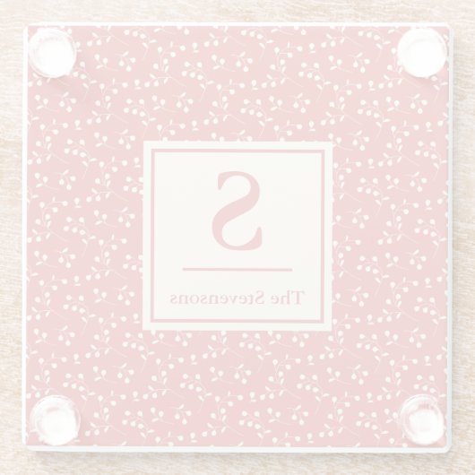 シンプルヴィンテージ赤植物模様モノグラム名 ガラスコースター (裏面)