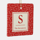 シンプルヴィンテージ赤植物模様モノグラム名 セラミックオーナメント (右)