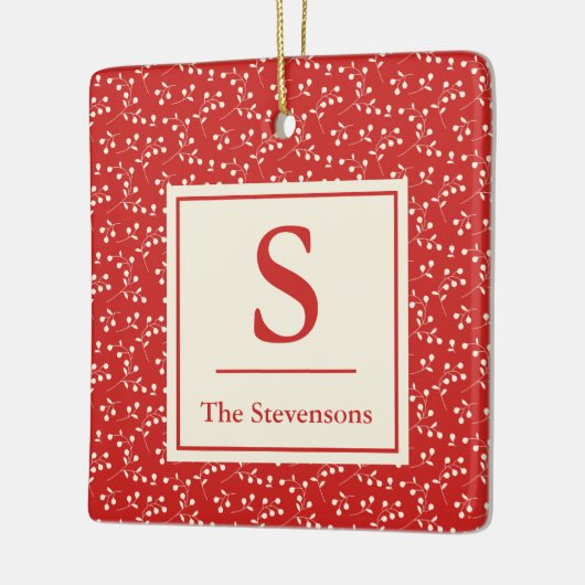シンプルヴィンテージ赤植物模様モノグラム名 セラミックオーナメント (左)