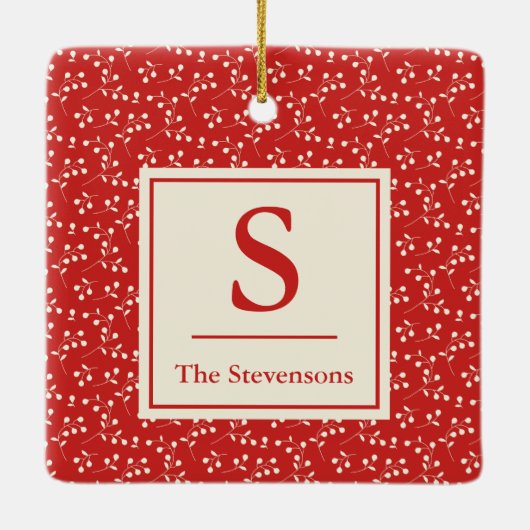 シンプルヴィンテージ赤植物模様モノグラム名 セラミックオーナメント (裏面)