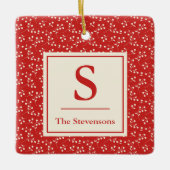 シンプルヴィンテージ赤植物模様モノグラム名 セラミックオーナメント (正面)