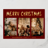シンプル三モダン写真赤メリークリスマス 箔シーズンカード (正面)