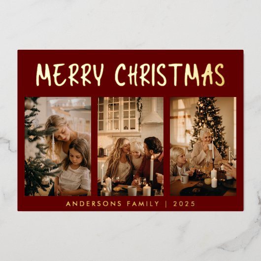シンプル三モダン写真赤メリークリスマス 箔シーズンカード (正面)