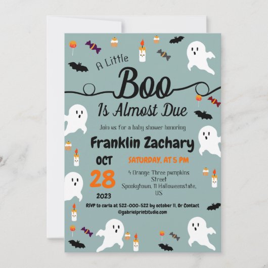 シンプル不気味エレガント幽霊、ハロウィーン赤ちゃんシャワー 招待状 (正面)