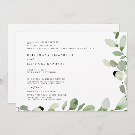 シンプル両親が参加した結婚白 招待状 (正面/裏面)