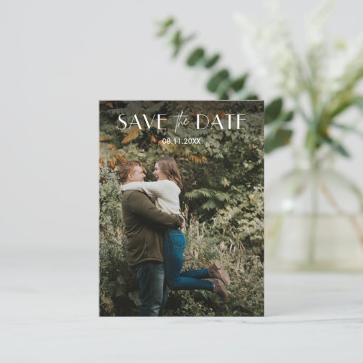 シンプル予算フォトウェディング日付の保存 案内ポストカード (スタンド正面)
