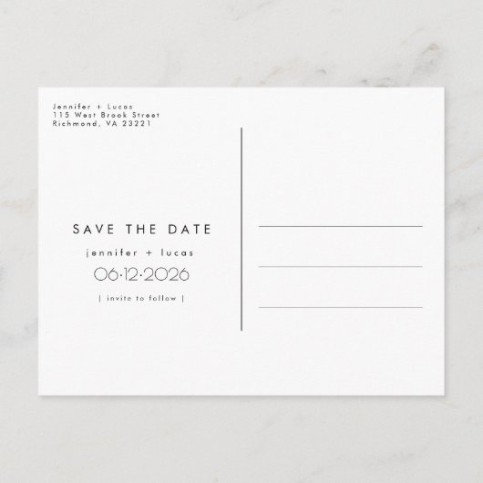 シンプル予算フォトウェディング日付の保存 案内ポストカード (裏面)