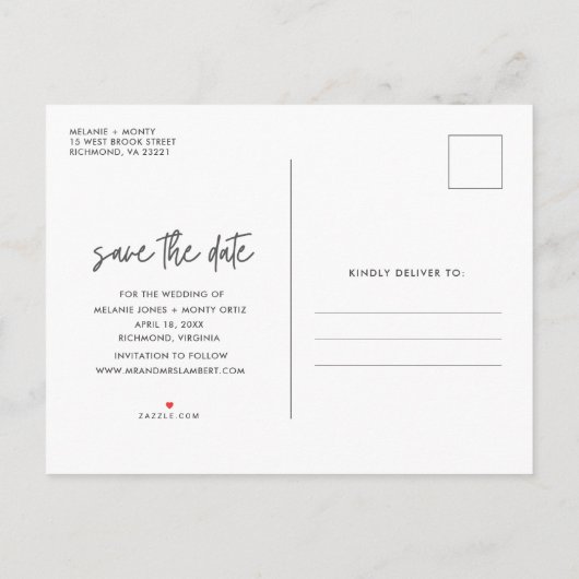 シンプル予算フォトウェディング日付の保存 案内ポストカード (裏面)