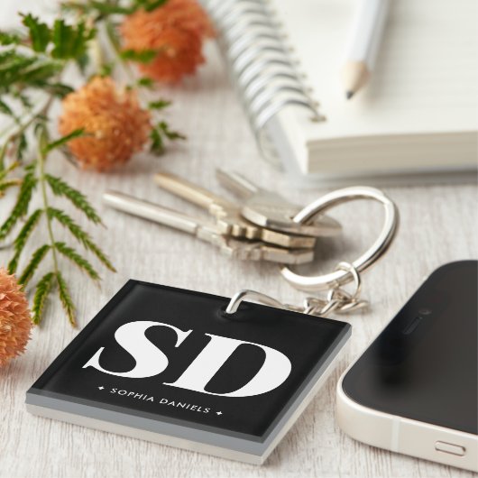 シンプル二モノグラムイニシャルレトロ白黒 キーホルダー (正面右)