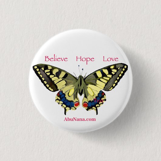 シンプル信じ，希望，愛，蝶 缶バッジ (正面)