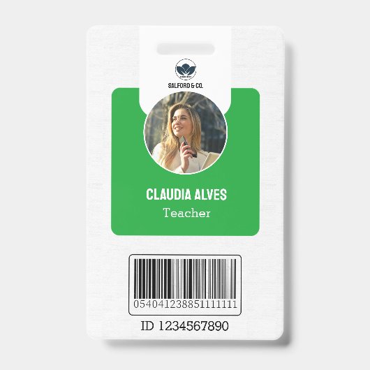 シンプル先生IDカード |緑のコラージュ学校ID バッジ (表面)
