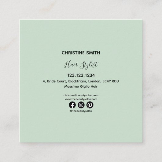 シンプル光エレガントティール（緑がかった色）ミニマルフローラ スクエア名刺 (裏面)