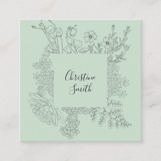 シンプル光エレガントティール（緑がかった色）ミニマルフローラ スクエア名刺 (正面)